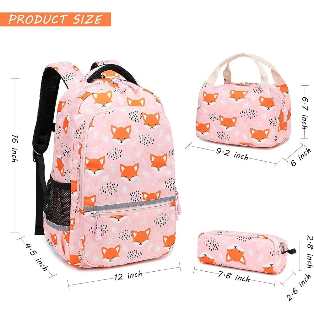 Girls Fox Pink Backpack‎ with Insulated Lunch Bag & Pencil Bag, Reflective NEW